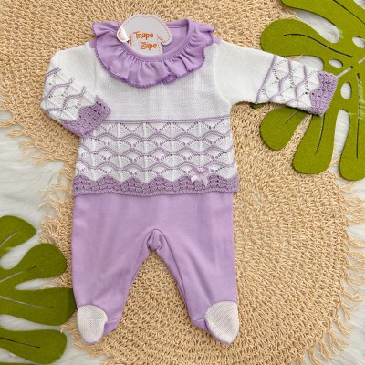 Macacão de Tricot com Gola Bordada - Lilás